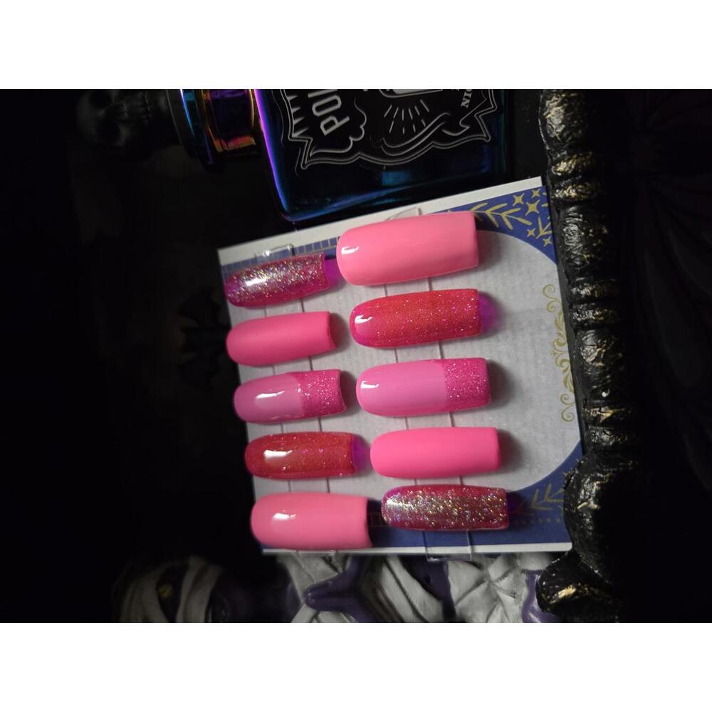 Square multi pink and glitter press on nails custom made